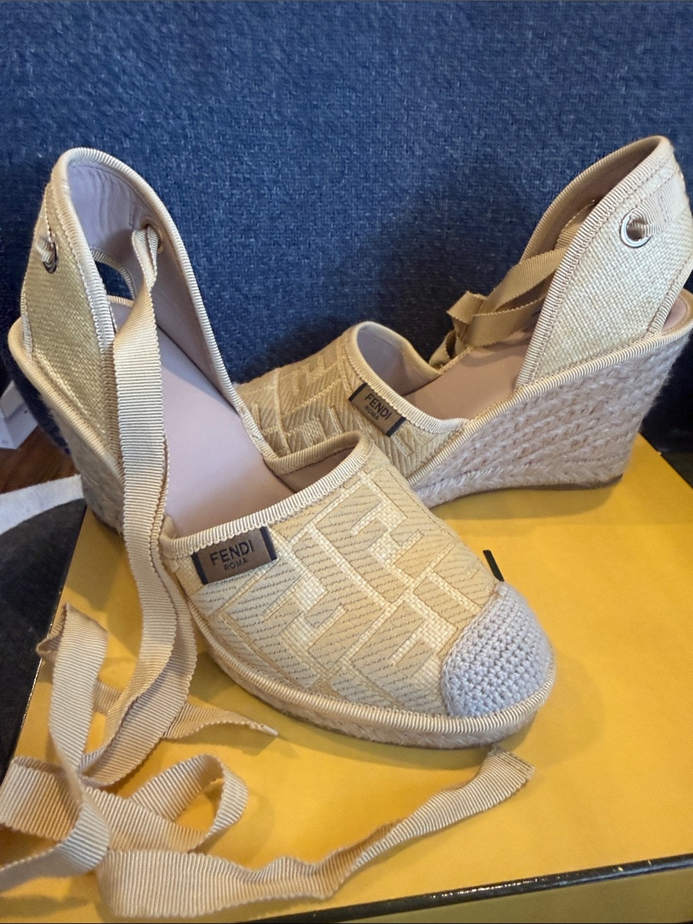 Fendi Beige Woven Espadrille Wedge Sandals with Ankle Ribbon - Picture 2 of 6